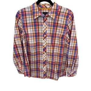 Talbots Red Blue Purple Plaid Button Down Shirt 100% Cotton Size Medium Petite